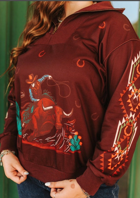 Maroon Bull Rider Printed Long Sleeve Zip up Sweatshirt