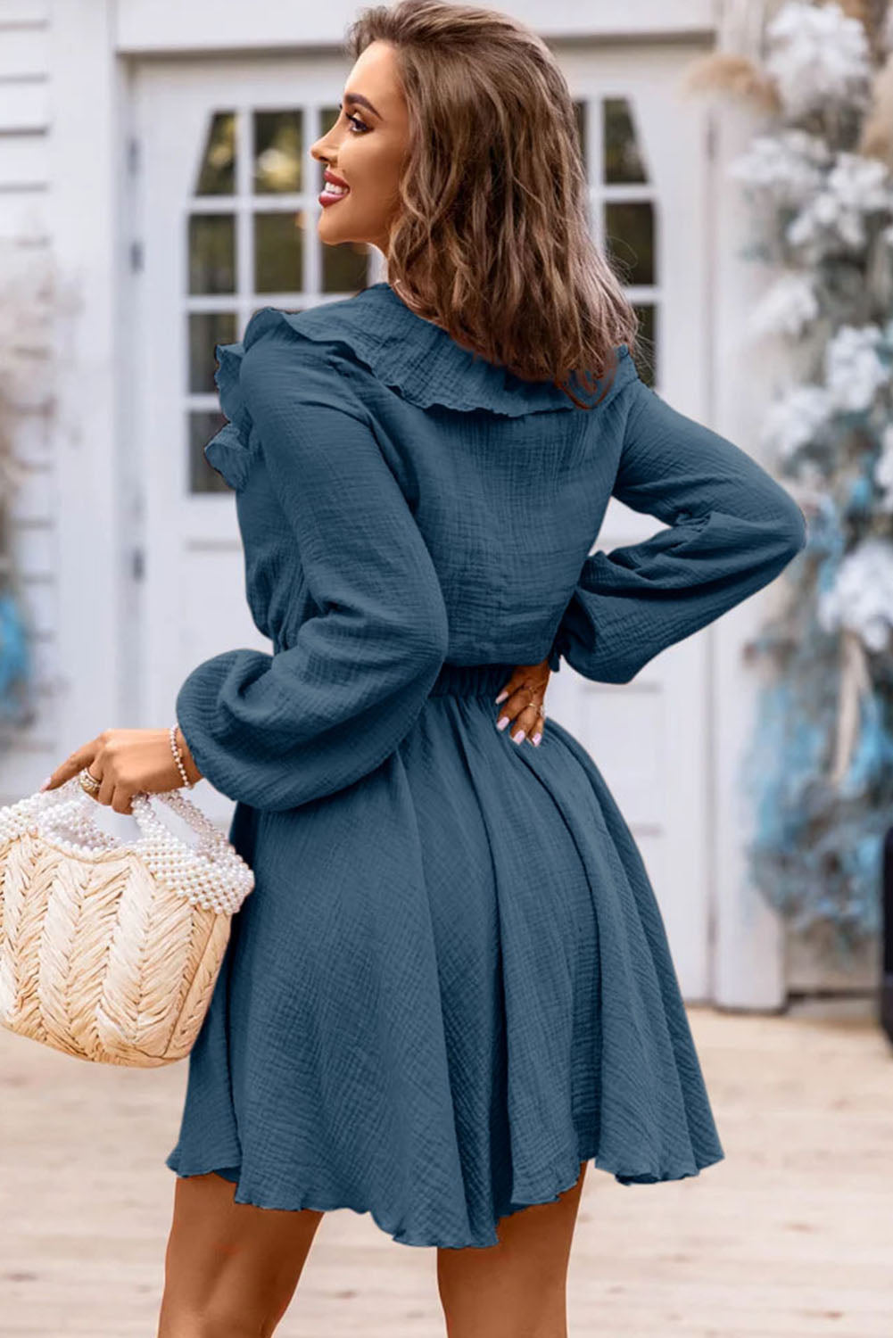 Blue Textured Ruffled V Neck High Waist Mini Dress