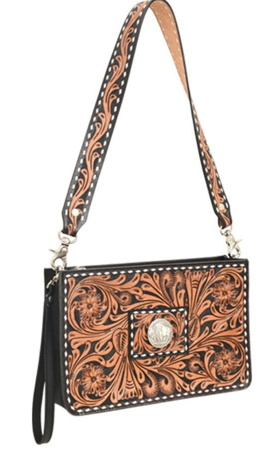 Rafter T - Crossbody Bag With Floral Carving & White Buckstitch. Brown 11″ X 7″ X 2.75″