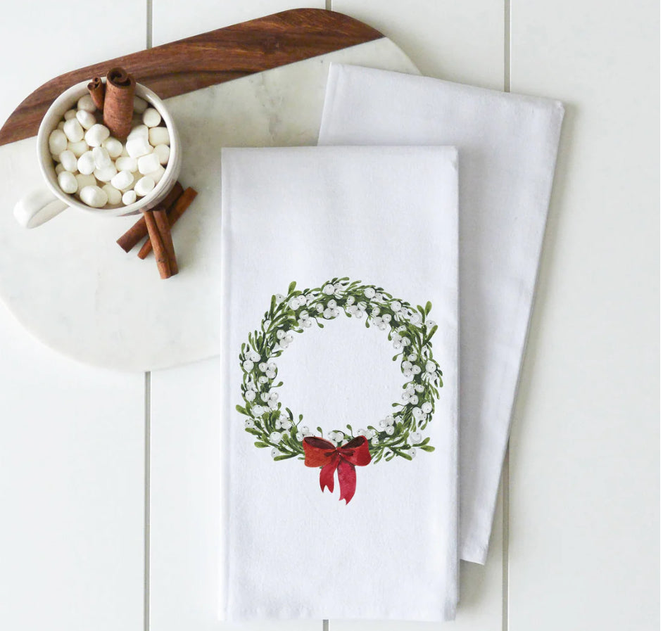 Mary Square Red Bow Wreath Tea Towel