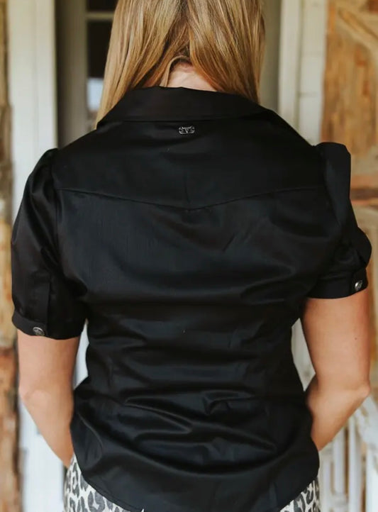 L & B Black Concho Button Down Puff Short Sleeve Shirt
