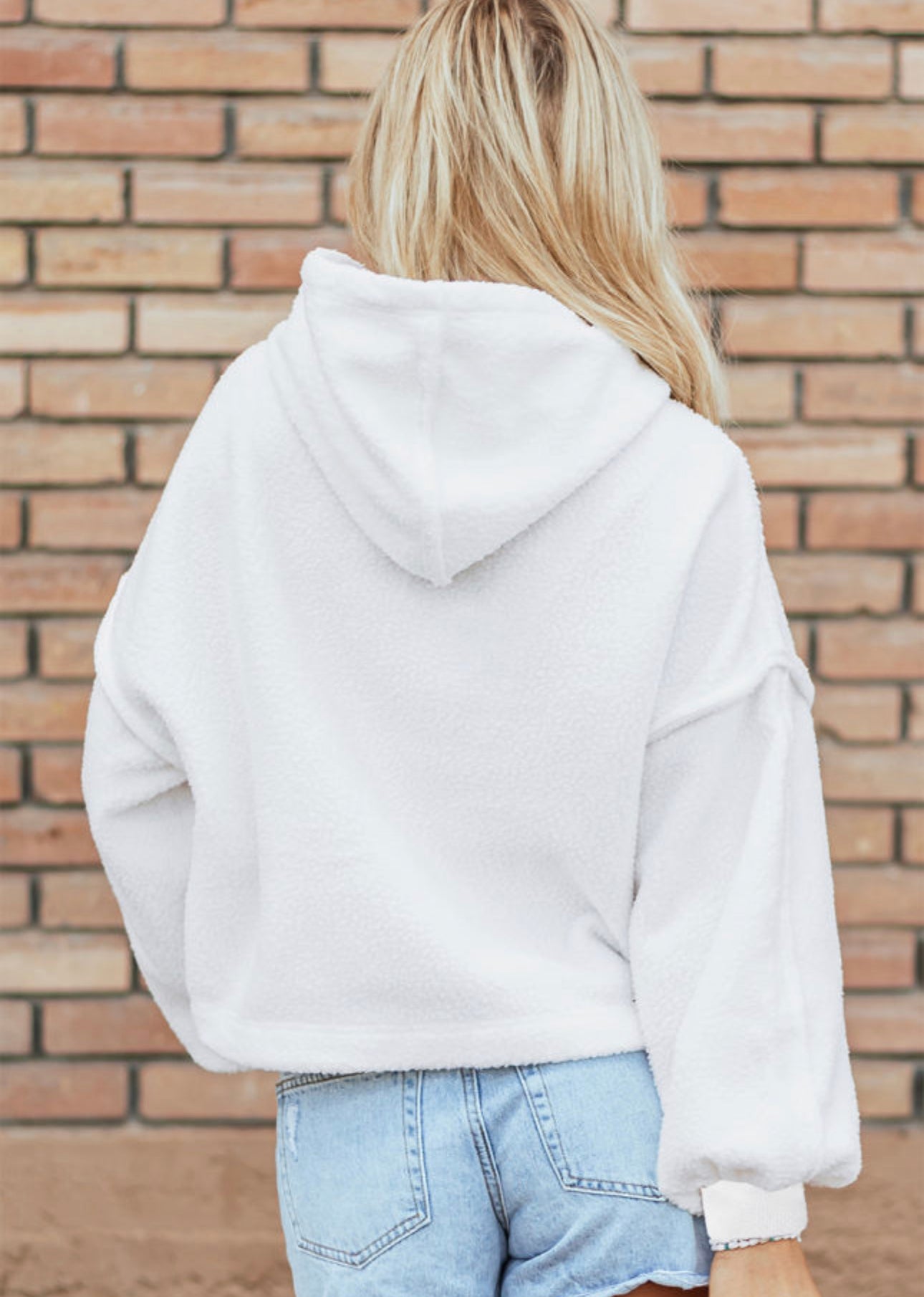 White Sherpa Fleece Drop Shoulder Hoodie