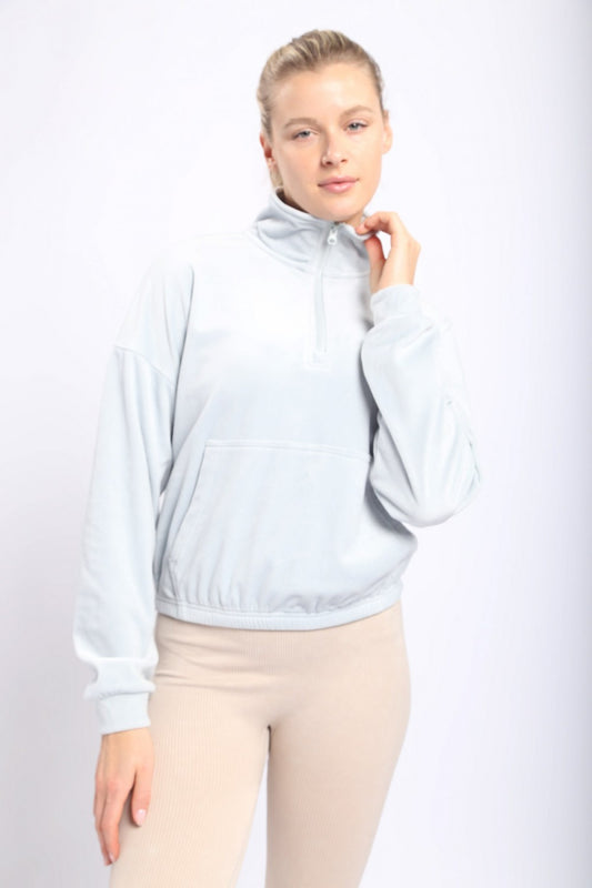Velour 3/4 Zip Pullover Long-Sleeve Top