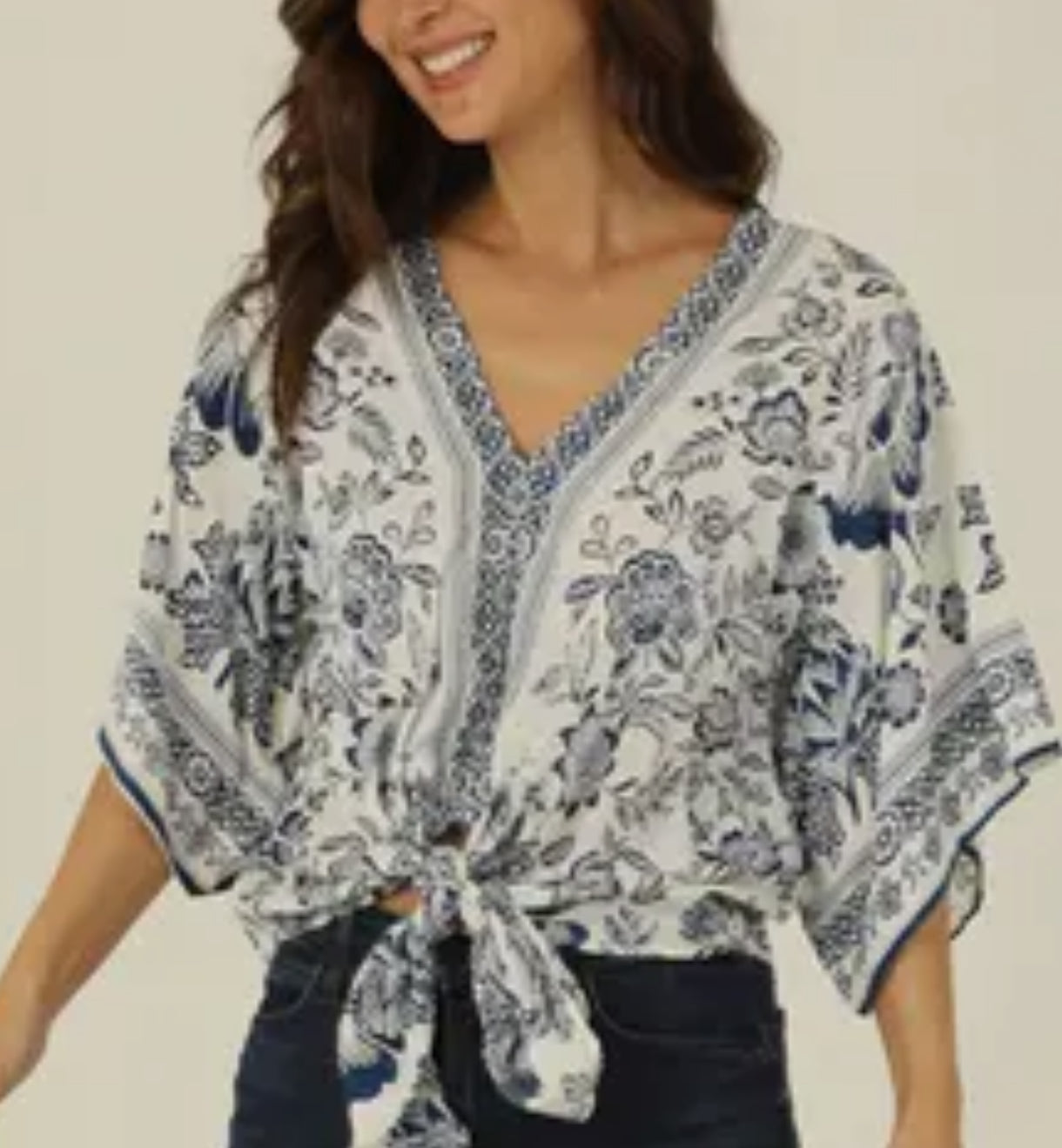 Nostalgia Women's V Neck Kimono Sleeve Tie Waist Blouse