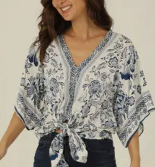 Nostalgia Women's V Neck Kimono Sleeve Tie Waist Blouse
