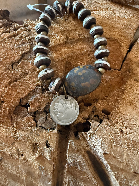 Aged Steel Bead with Stone and Indian Head Coin Stretch Bracelet