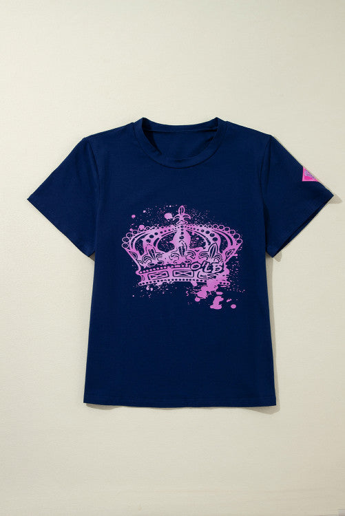 Navy Blue Crown Graphic Crew Neck T Shirt