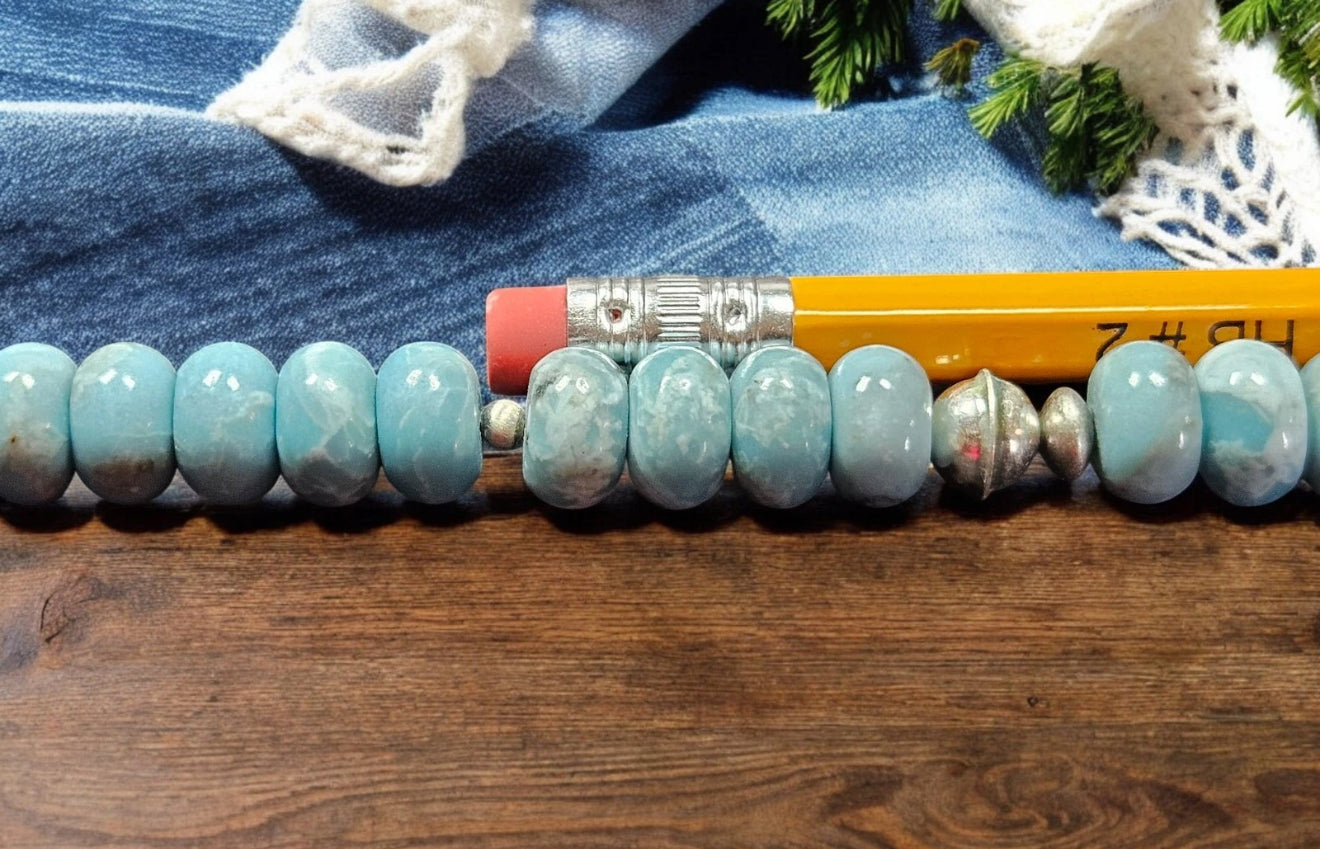 Sterling NAVAJO Pearl Big 10MM Dominican Larimar Beads Necklace VTG Silver 18"