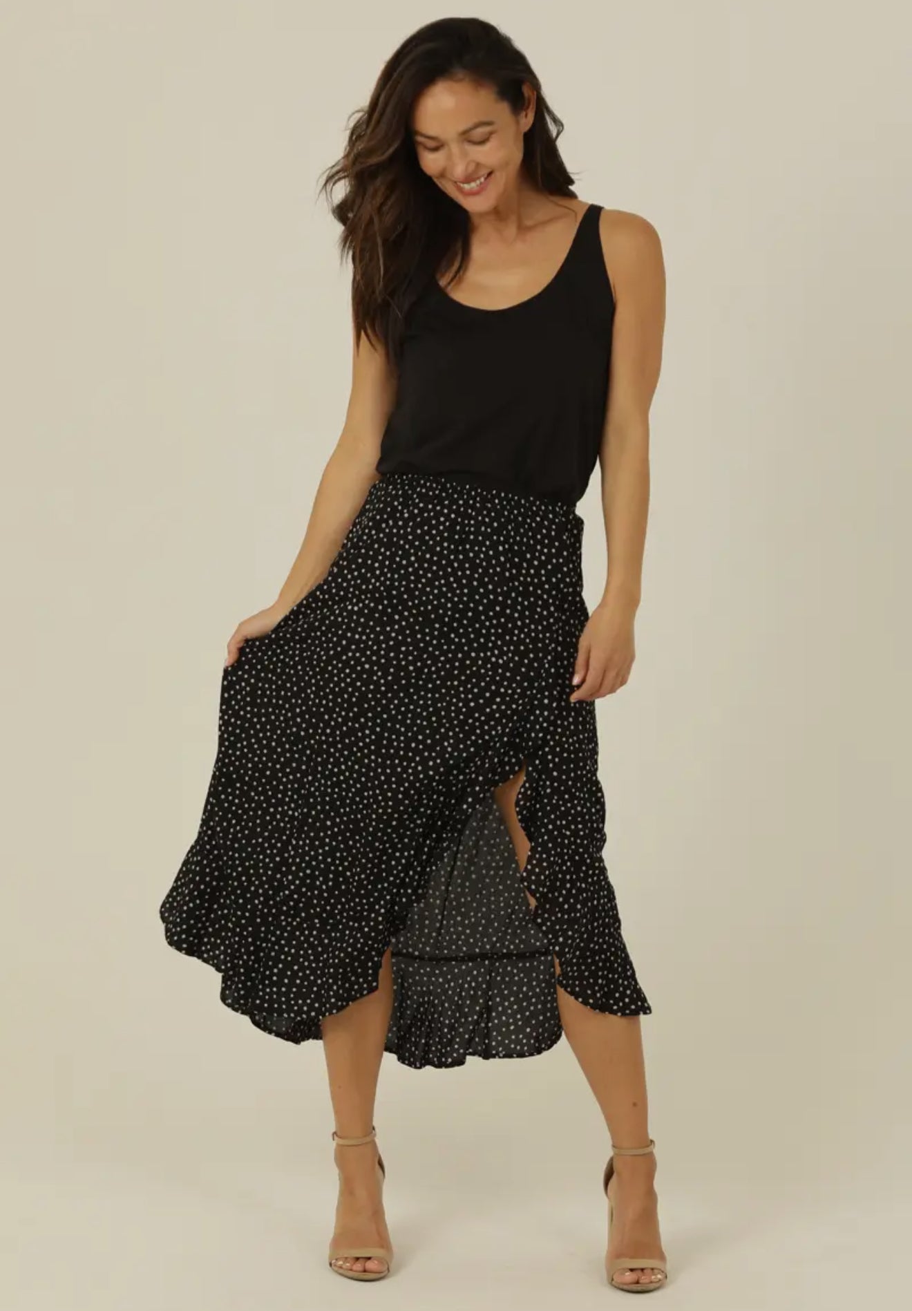 Elastic Waist Ruffle Slit Skirt