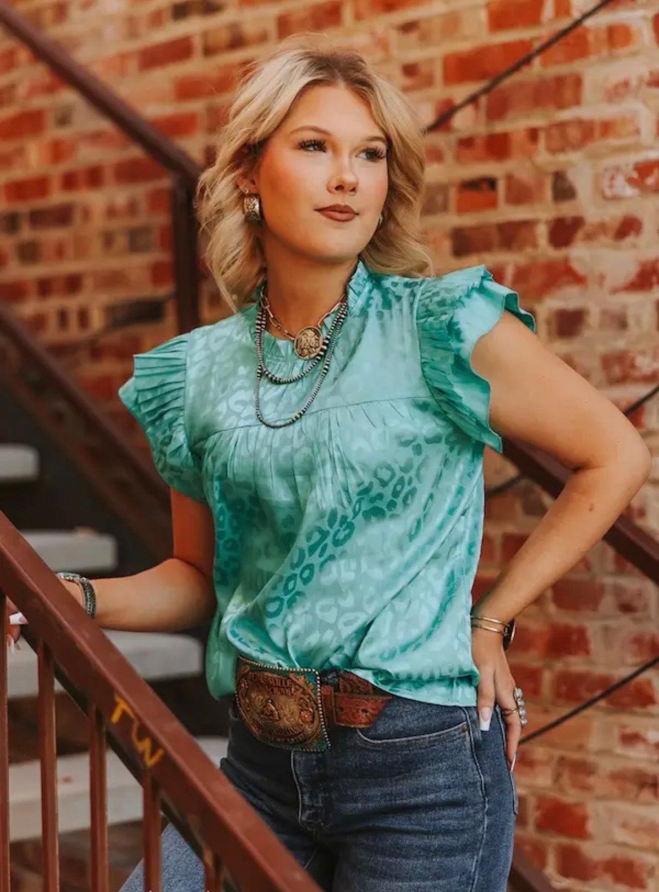 L & B Turquoise Leopard Satin Pleated Ruffle Top