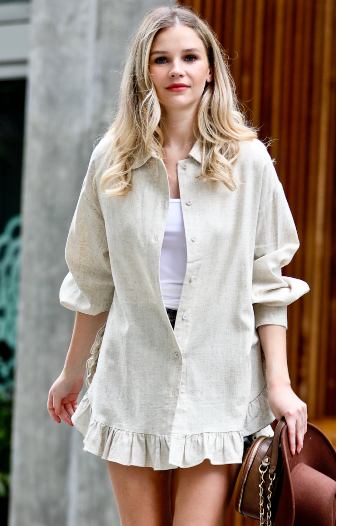 Ruffle Button Down Linen Shirt Top Tunic Dress