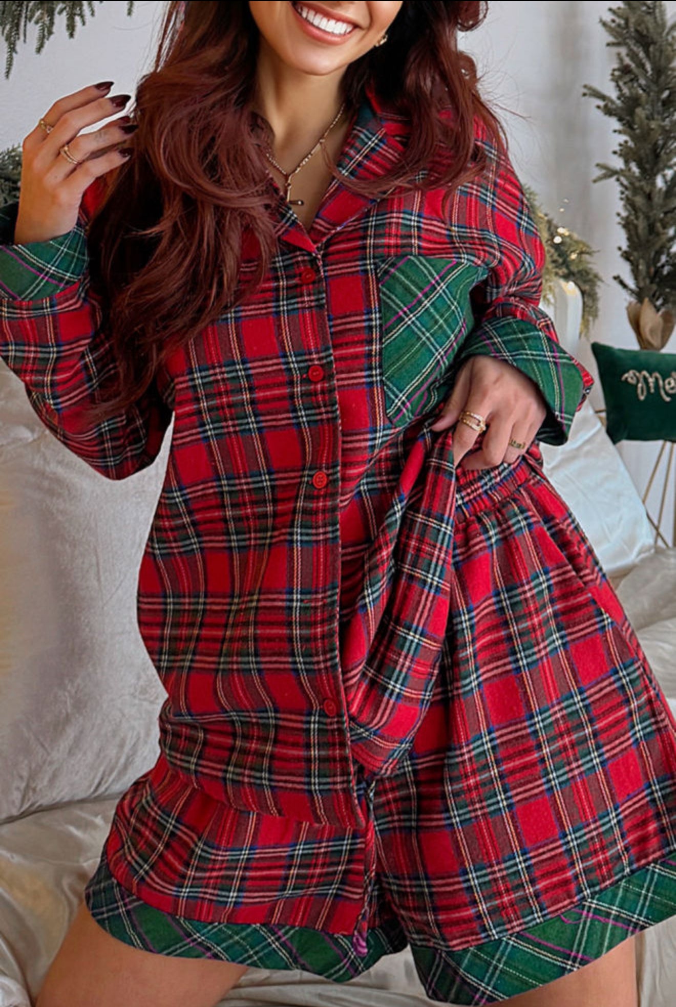 Red Plaid Christmas Long Sleeve Shirt and Shorts 2pcs Flannel Pajama Set