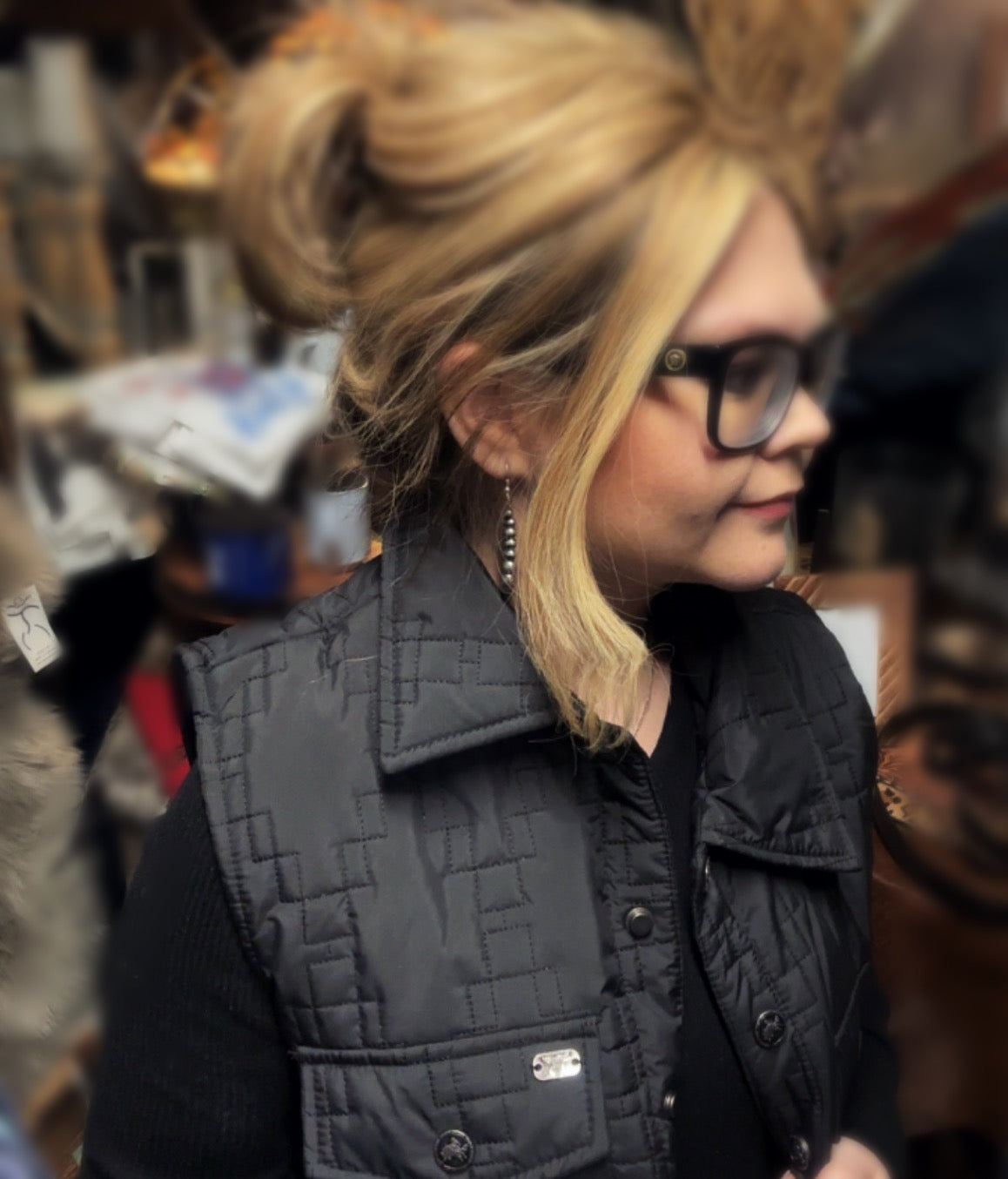 Black Quilted Aztec Design Puffer Vest