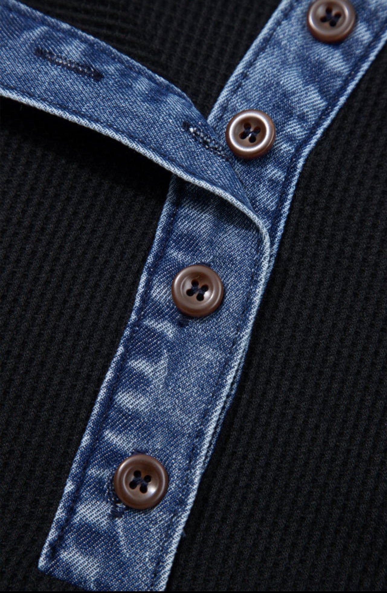 Black Waffle Knit Denim Contrast Trim Patchwork C Button Polo Collar Top