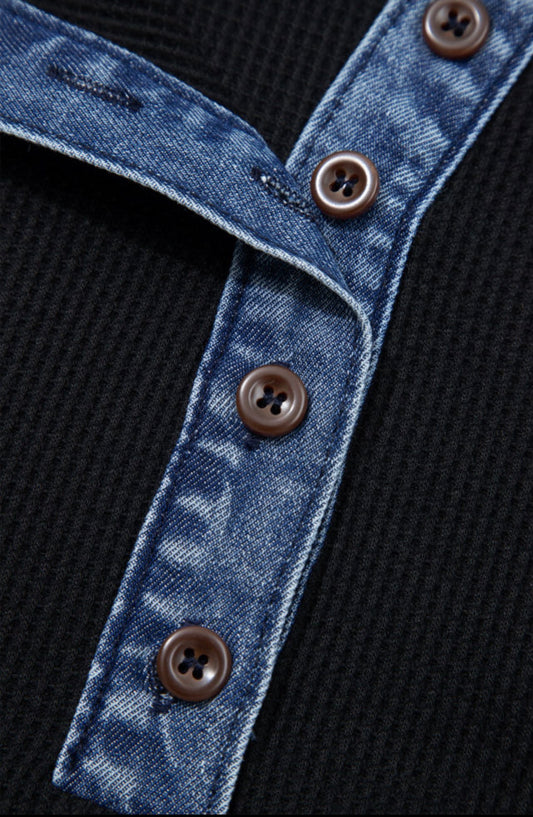 Black Waffle Knit Denim Contrast Trim Patchwork C Button Polo Collar Top