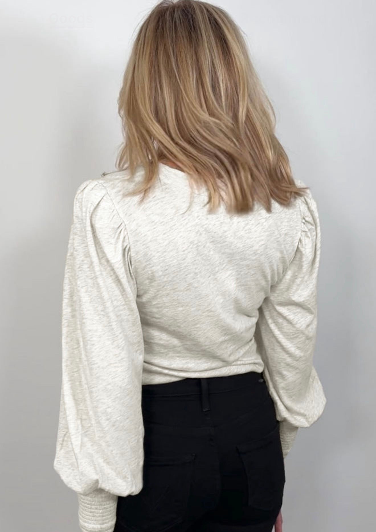 Oatmeal Shirred Cuffs Puff Sleeve Peasant Top