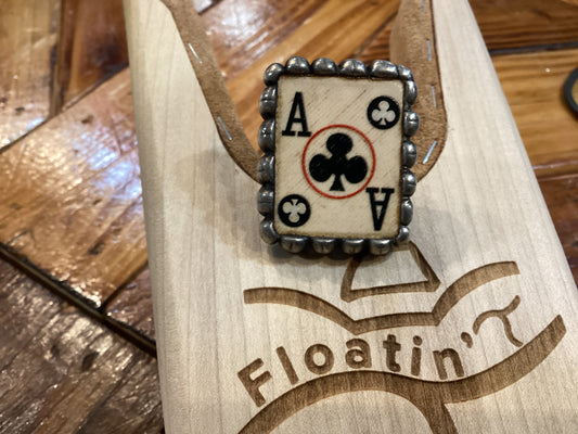 Ace of Clubs Handmade Pottery Pewter Heavy High End Adjustable Ring Art by Amy 