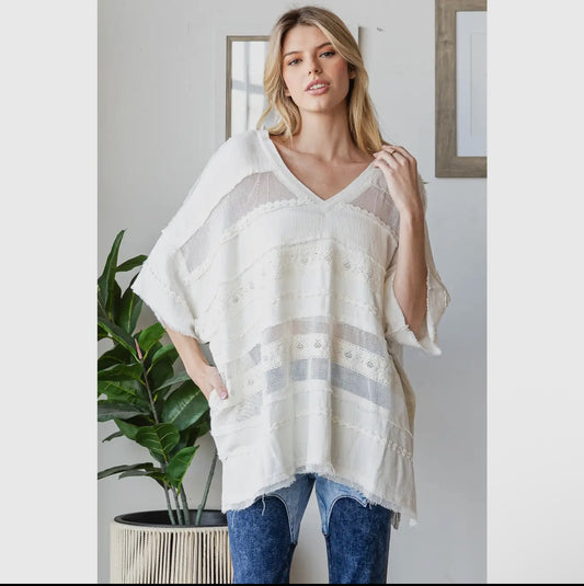 Washed Mix Media V Neck Casual Top