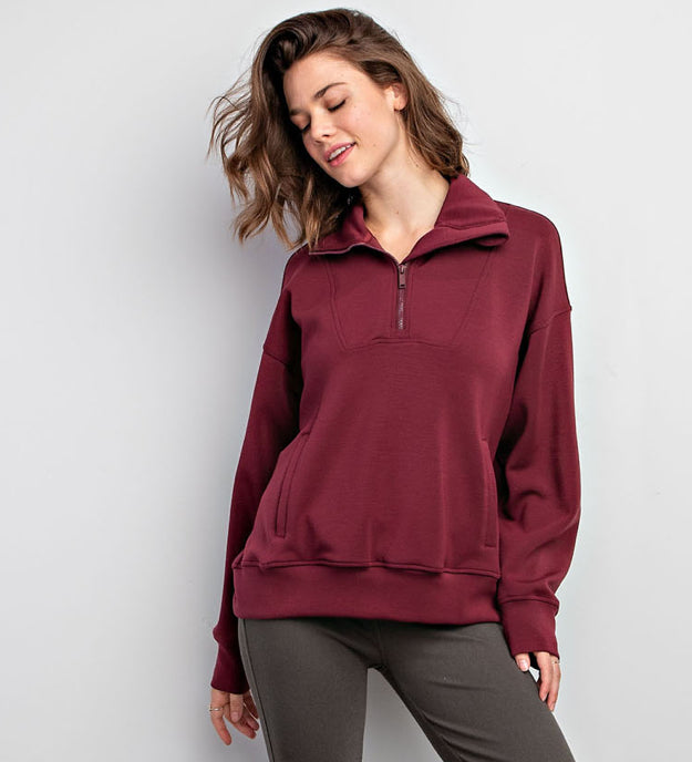 MODAL POLY SPAN QUARTER ZIP FUNNEL NECK PULLOVER