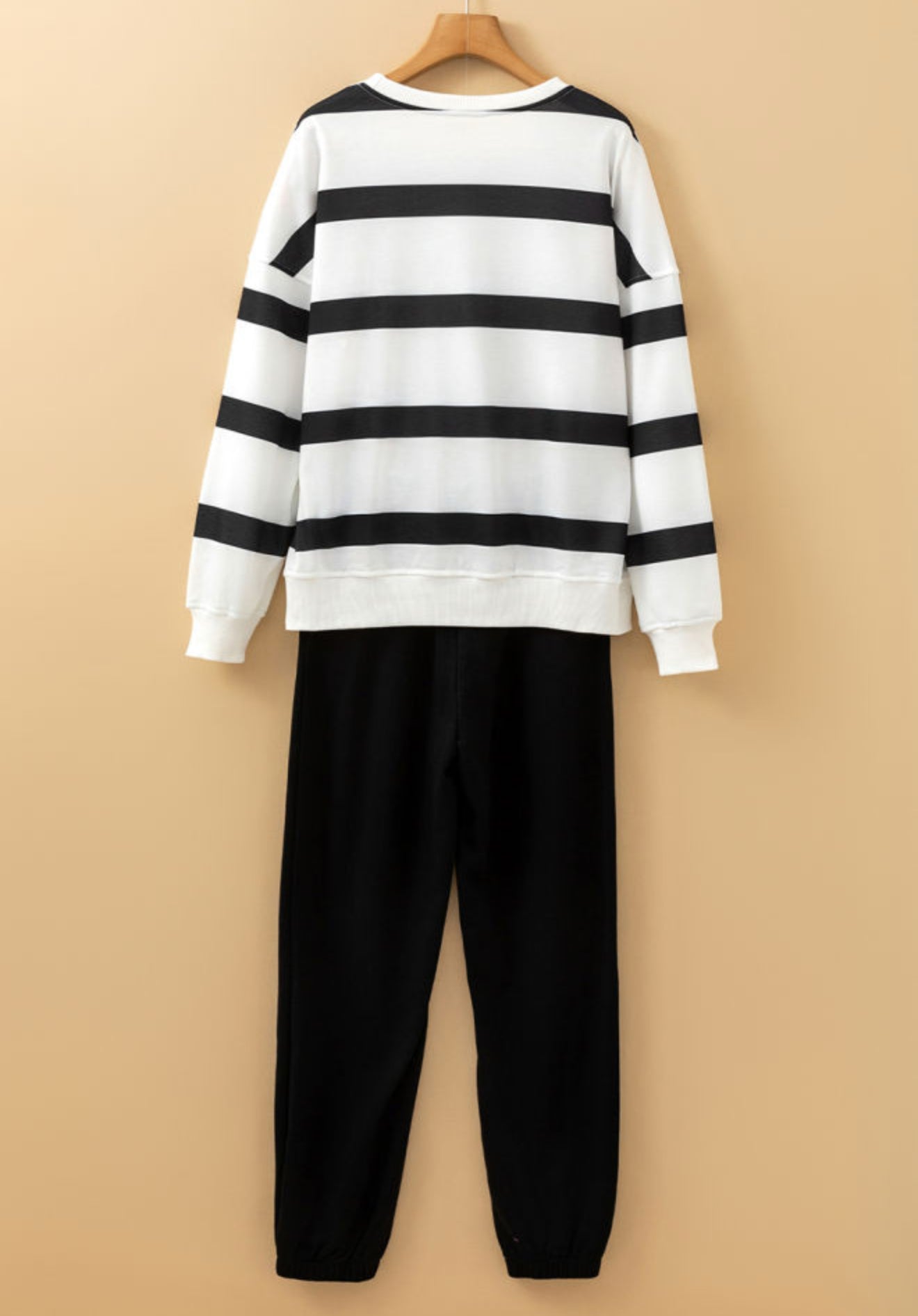 Plus Size - Black Stripe Drop Shoulder Pullover and Jogger Pants Set