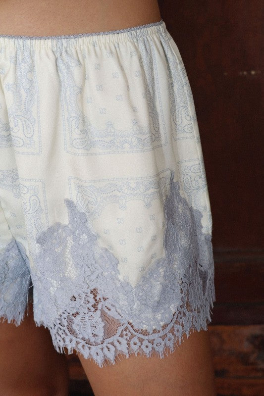 Bailey Paisley Satin Long Sleeve w/ Lace Shorts 2 pc Set