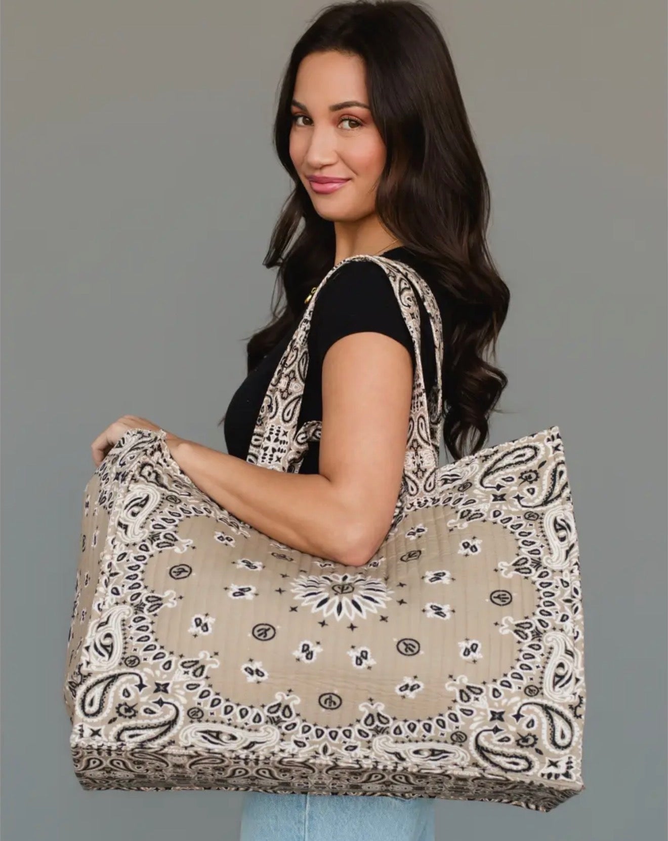Quilted Large Tan Bandana Tote