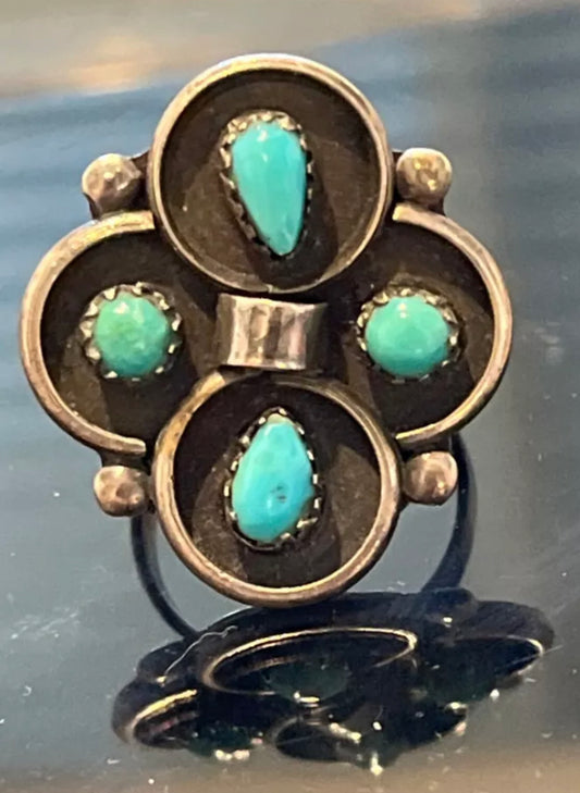 Old pawn sterling petit point & snake eye turquoises 6.5 ring