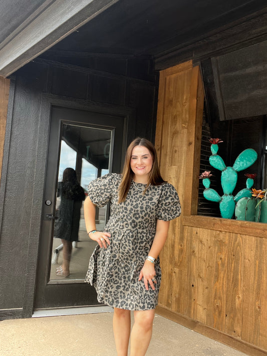 Brown Denim Leopard Short Puff Sleeve Mini Dress