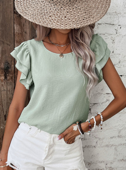 Clearly Auqa Short Ruffled Sleeve Blouse