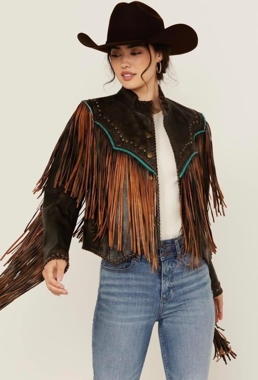 Scully Ladies Vintage Black Leather Fringe Bomber Jacket