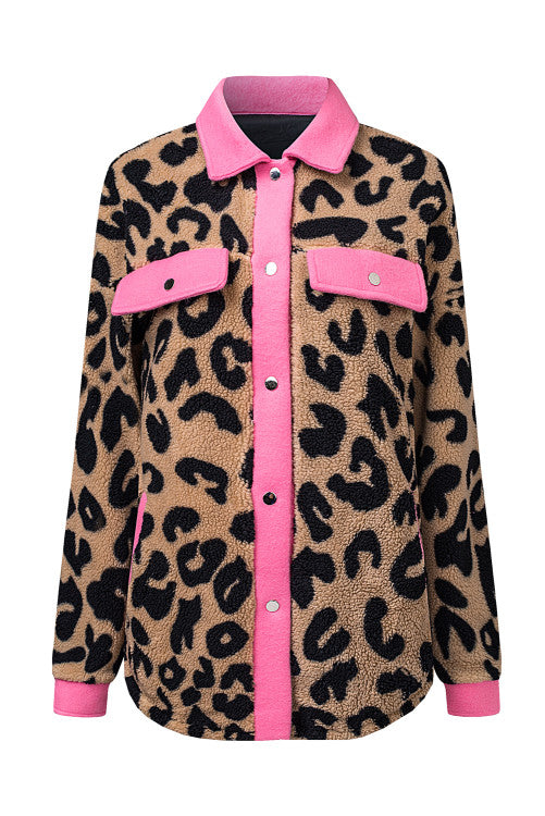 Leopard Contrast Trimmed Leopard Teddy Shacket