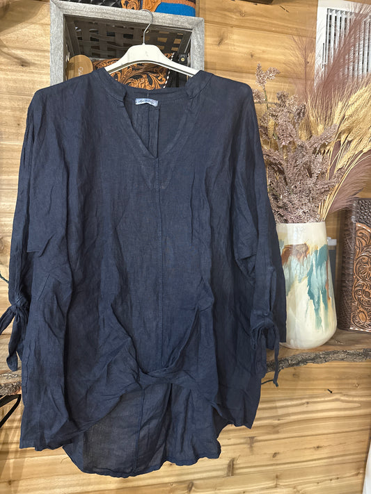 Catherine Lillywhite LINEN Sleeved Black Tunic TOP Italy Collection O/S fits most