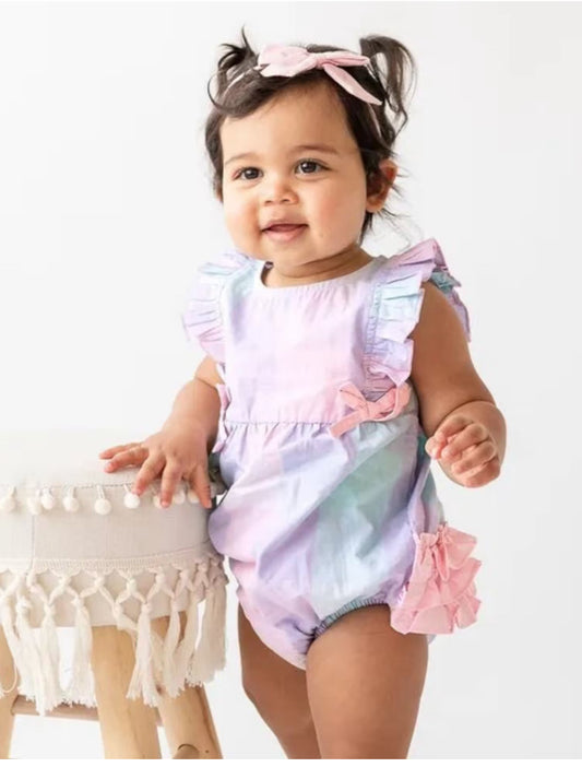 RuffleButts Cotton Candy Plaid Classic Ruffle Romper