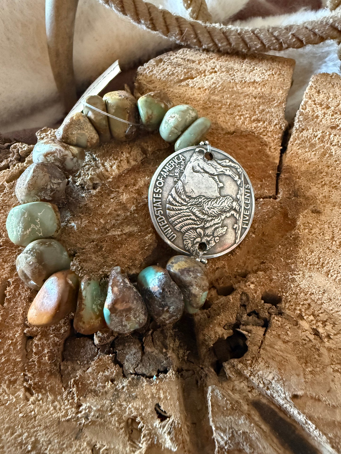 Natural Turquoise Nugget with 1.5” Buffalo Concho Stretch Bracelet