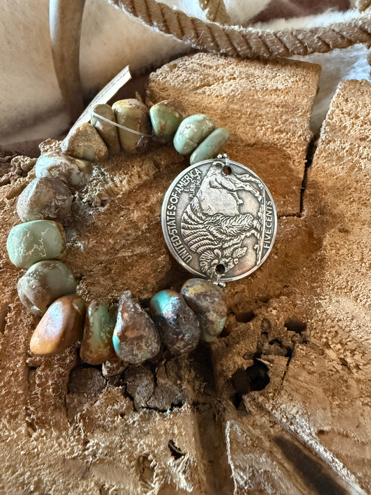 Natural Turquoise Nugget with 1.5” Buffalo Concho Stretch Bracelet