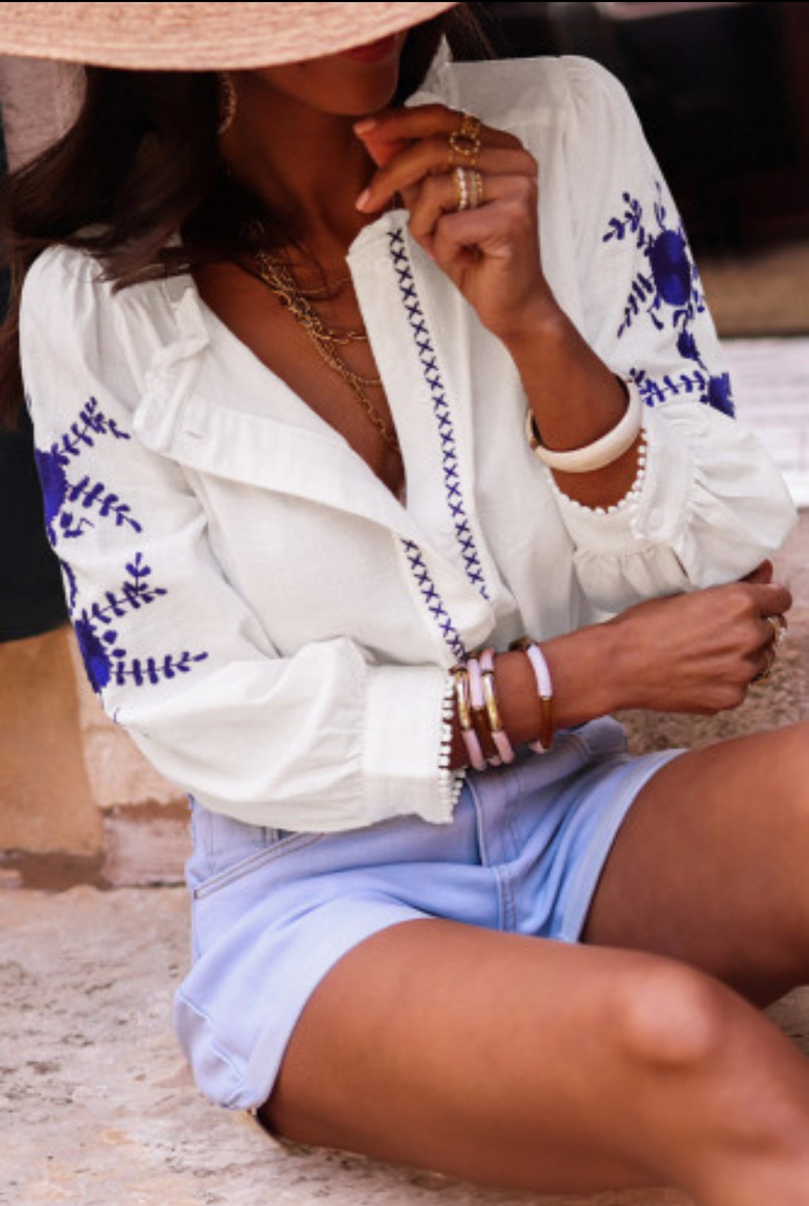 White Floral Embroidered Bracelet Sleeve Shirt