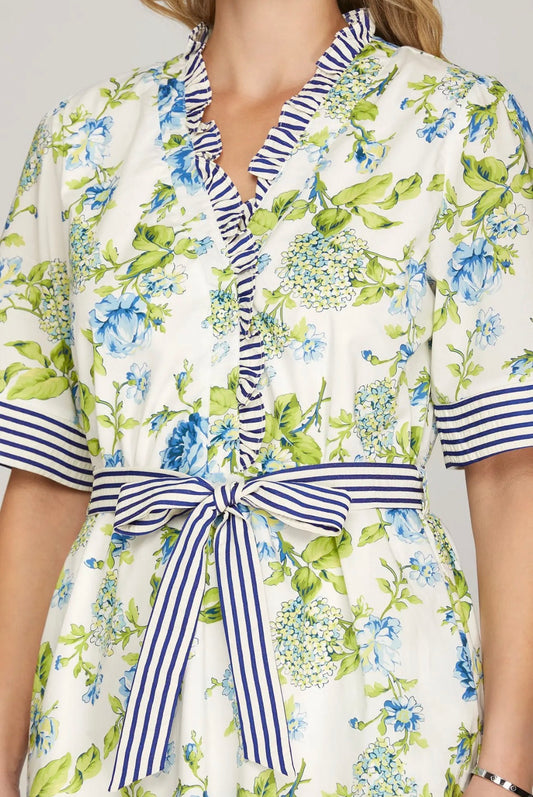Floral Dress Blue Trim