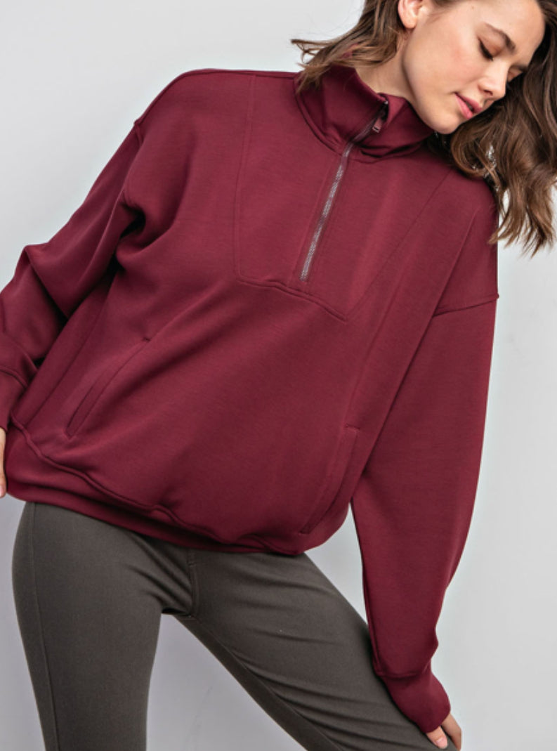 MODAL POLY SPAN QUARTER ZIP FUNNEL NECK PULLOVER