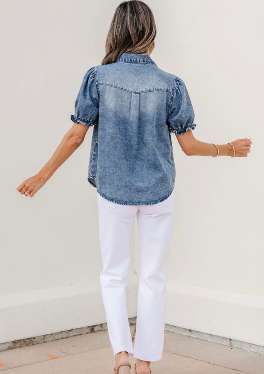 Beau Blue Frilled Short Capped Sleeve Snap Denim Shirt