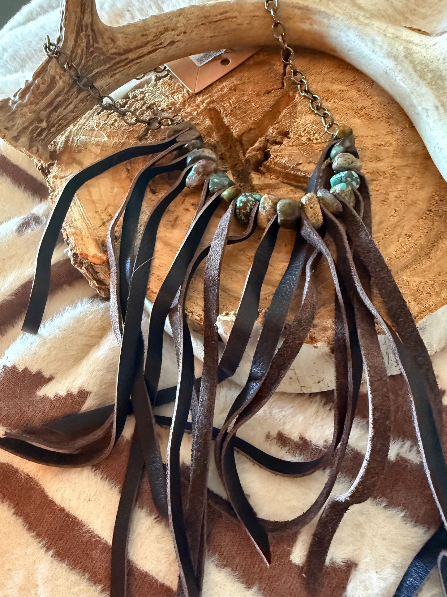 Kodiak Leather Natural Turquoise w/ 8” Leather Fringe Link Neckkace 24” Adjustable