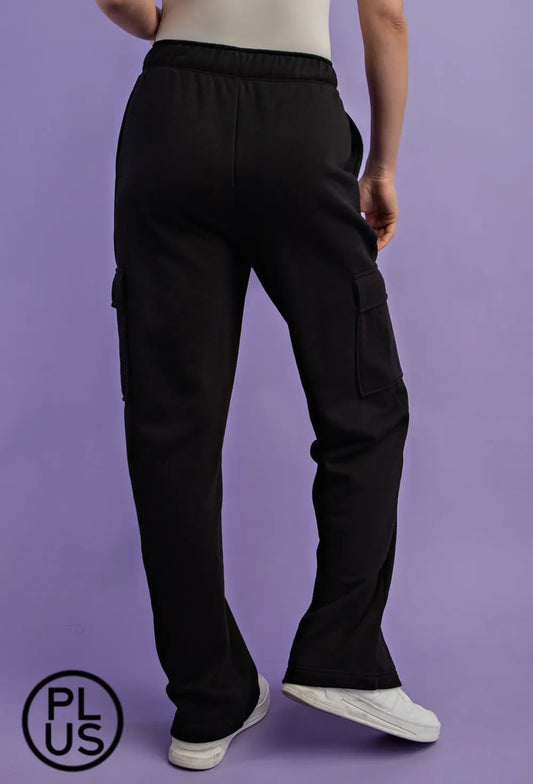 Rae Mode Black Plus Size French Terry Straight Cargo Sweatpant