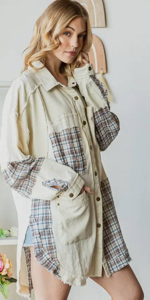 Washed Mix Media Plaid Detail Button Down Shacket