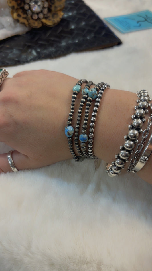 7.5” Sterling Silver HandStrung Kingman Square StoneTurquoise Bead Stretch Bracelet
