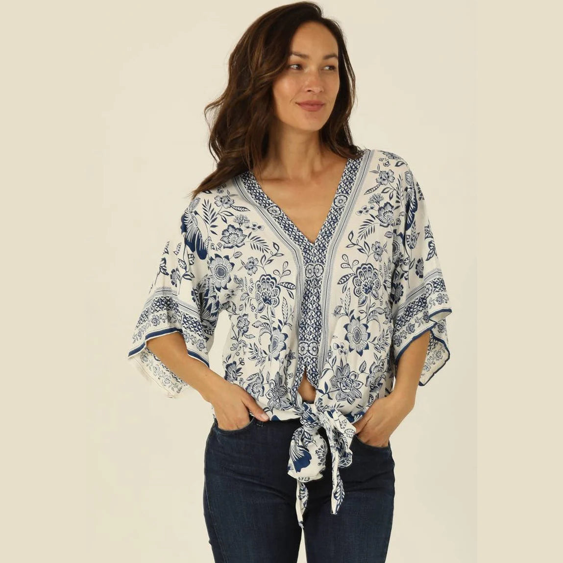 Nostalgia Women's V Neck Kimono Sleeve Tie Waist Blouse