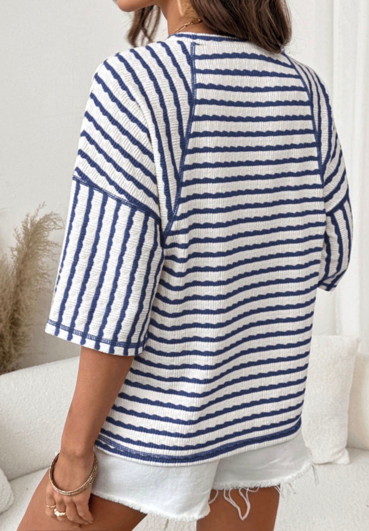 Blue Striped Textured Knit Oversized Tee