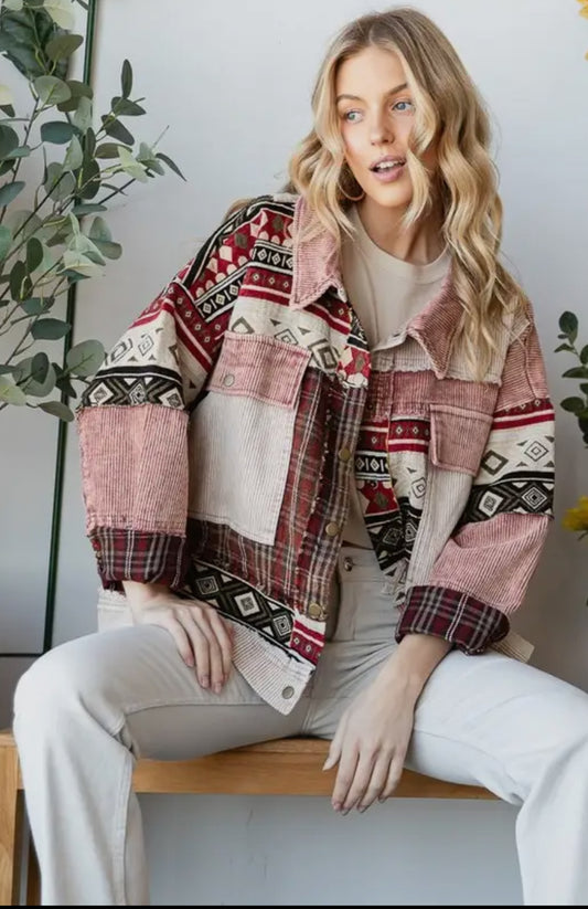 Mineral Washed Mixed Media Button Corduroy Jacket