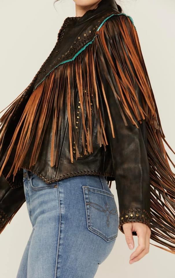 Scully Ladies Vintage Black Leather Fringe Bomber Jacket