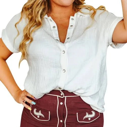 Lucky and Blessed Ivory Gauze Textured Cotton Button Down Short Sleeve Shirt