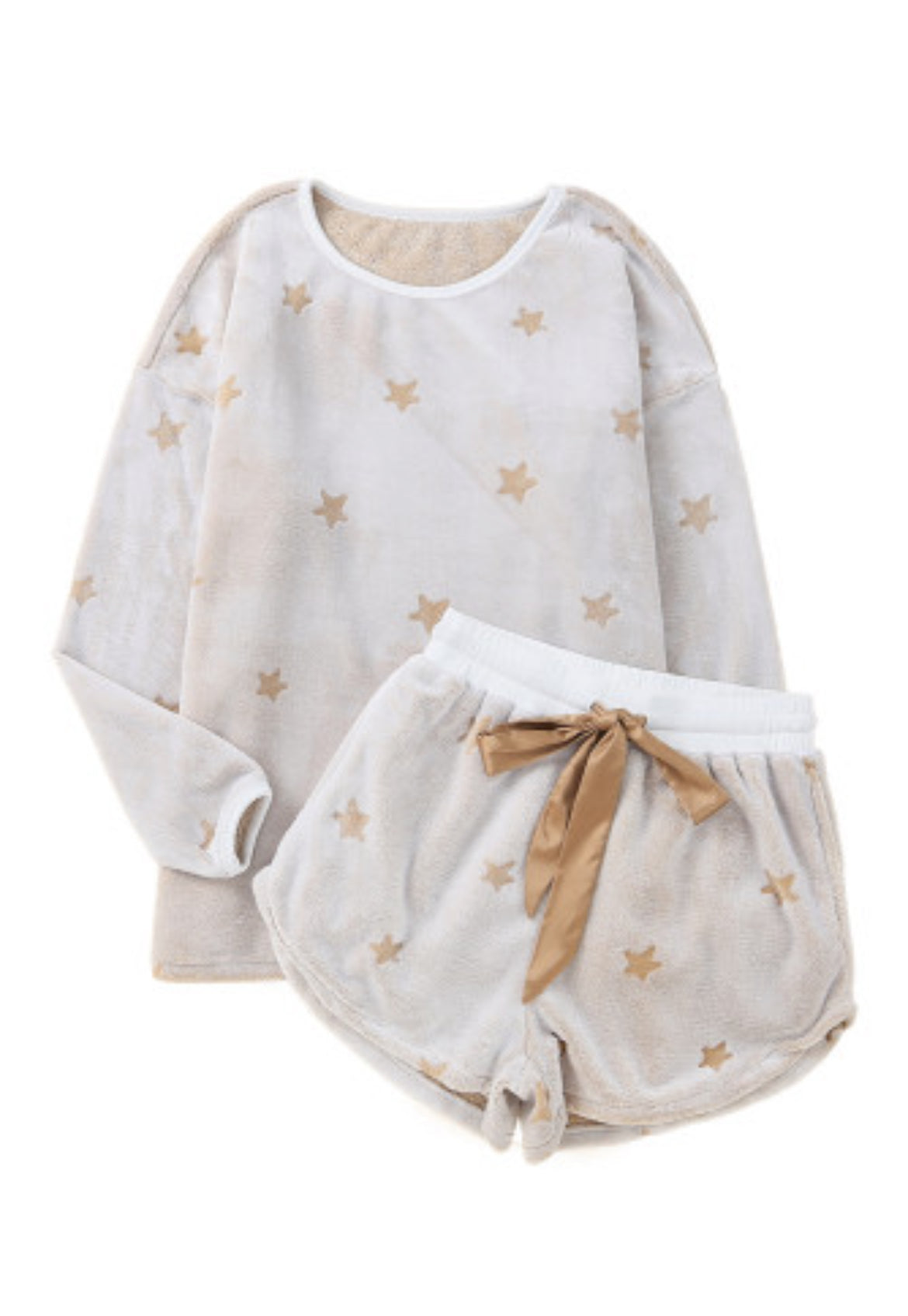 White Plush Star Pattern Long Sleeve Pullover and Shorts Lounge Set