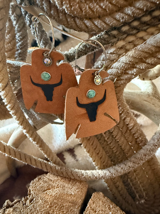 Thunderbird Leather Turquoise Hoop Earrings Branded Steerhead with Rhinestone Dangle